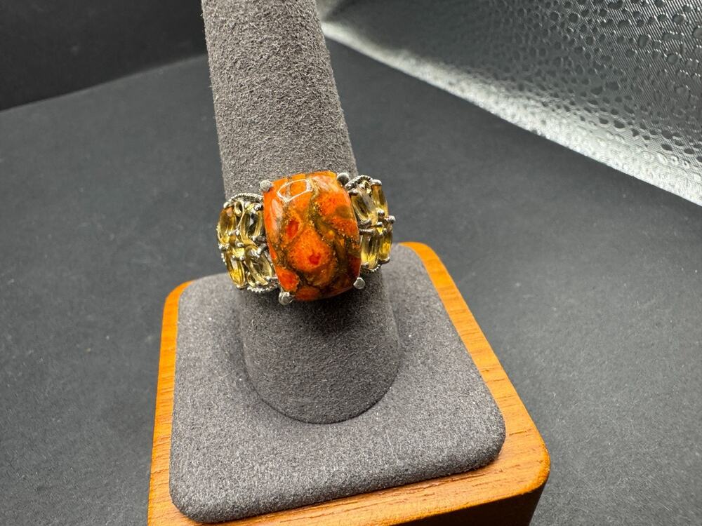 STS Spiny Oyster Cabochon & Citrine Gemstone Sterling Silver 925 Ring Size 9.75